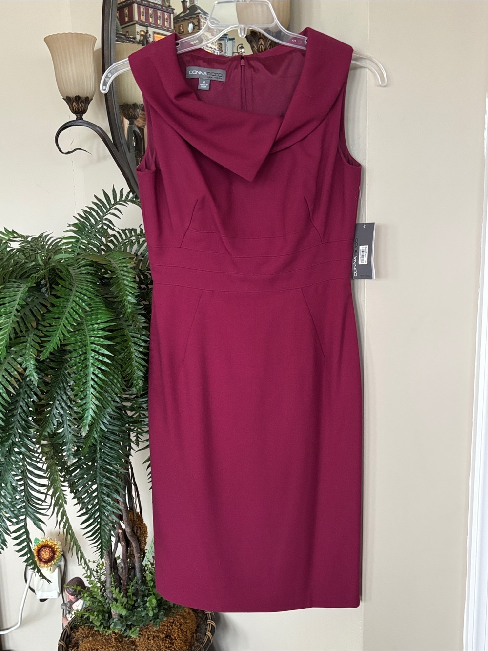 NWT Donna Ricco Sleeveless Sheath Dress Cowl Neckline Fitted Midi Office Maroon